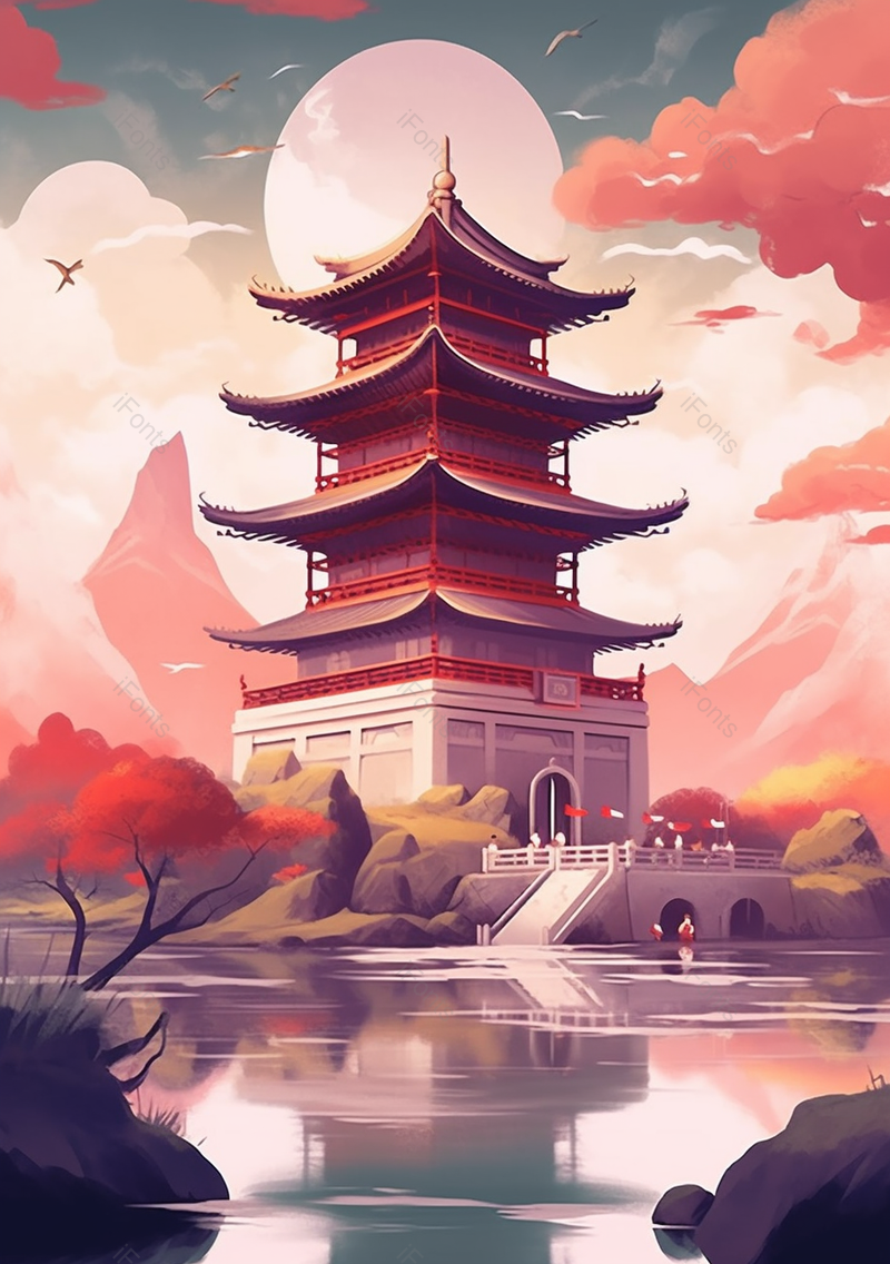 清新国风古典建筑岳阳楼插画背景,插画/手绘图,插画/手绘图库,插画/手绘图下载,插画/手绘